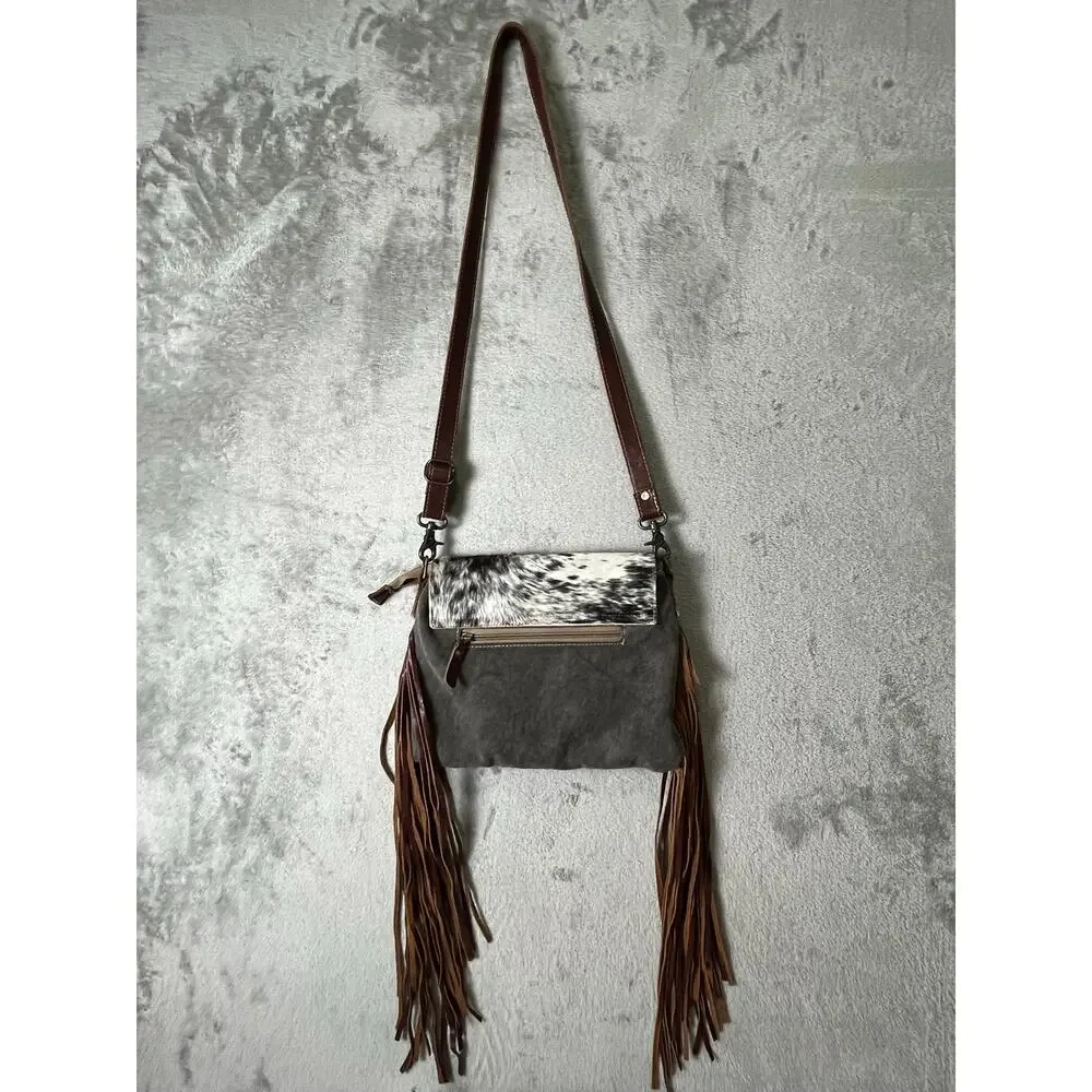 Myra Western Cowhide Fringe Crossbody Bag Leather Star Boho Cowgirl Rodeo Purse